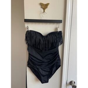Swimsuits For All Black Fringe Ruched Bandeau One Piece Swimsuit 12 66-0225-4